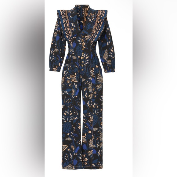 FARM Rio Pants - FARM Rio Navy Blue and Tan Floral Ruffle Jumpsuit